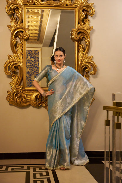 Tissue Shimmer Sky Blue Saree with Zari Weaving and Sequins Lace Border