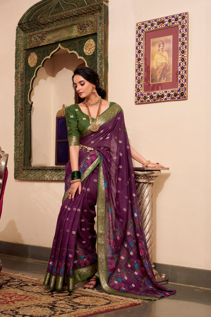 Kalamkari Print Poly Cotton Wine Saree with Zari Weaving Work Border and Blouse