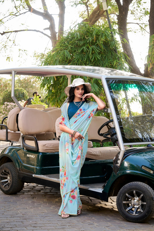 Weightless Marbal Floral Printed Sky Blue Saree with Pearl Lace Border