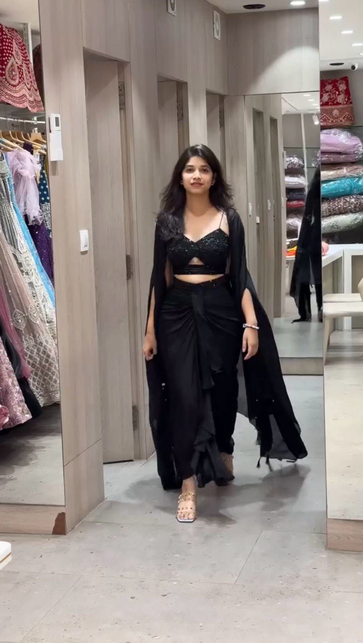 Black Satin Silk Thread Work Choli, Dhoti, and Shrug Set with Sequins
