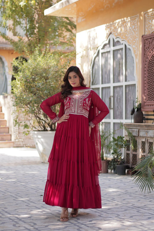 Rani Pink Faux Blooming Georgette Gown with Pearl Embroidery & Dupatta