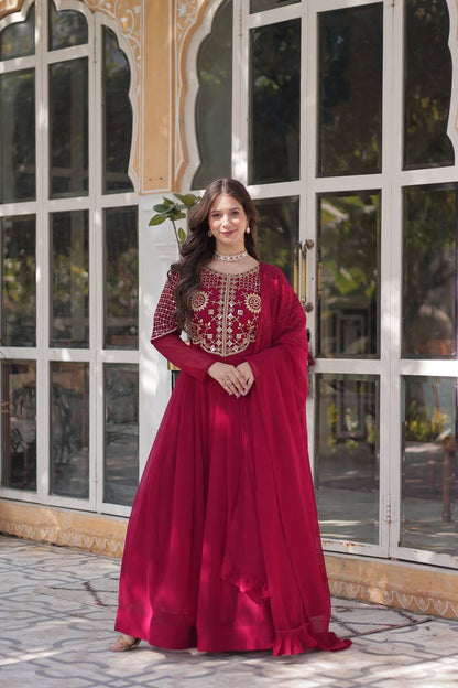 Red Embroidered Faux Blooming Georgette Gown with Dupatta