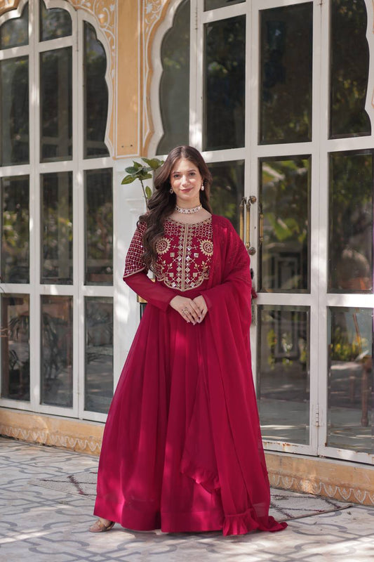 Red Embroidered Faux Blooming Georgette Gown with Dupatta