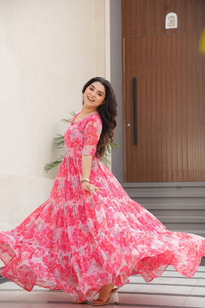 Printed Faux Georgette Pink Gown with Fancy V Neck – 12 Meter Flair Elegance