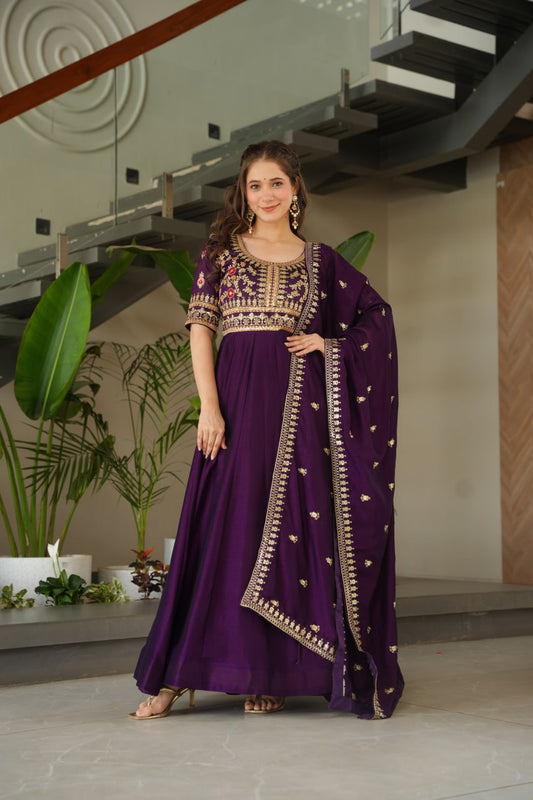 Vichitra Silk Sequins & Zari Embroidered Purple Gown with Dupatta