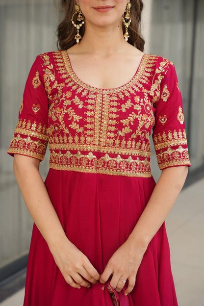 Vichitra Silk Sequins & Zari Embroidered Pink Gown with Dupatta