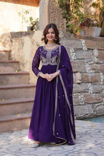 Purple Faux Blooming Sequins & Beads Embroidered Gown with Dupatta