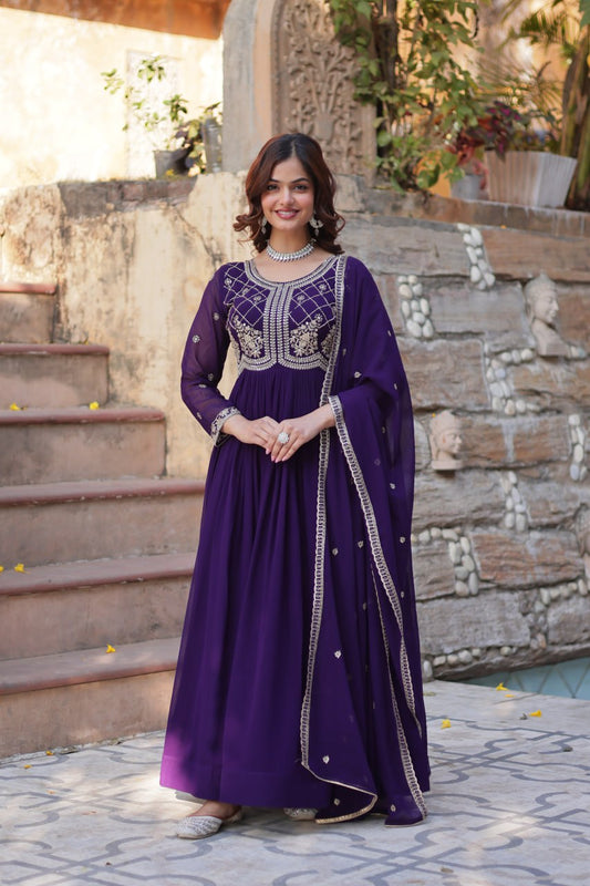 Purple Faux Blooming Sequins & Beads Embroidered Gown with Dupatta