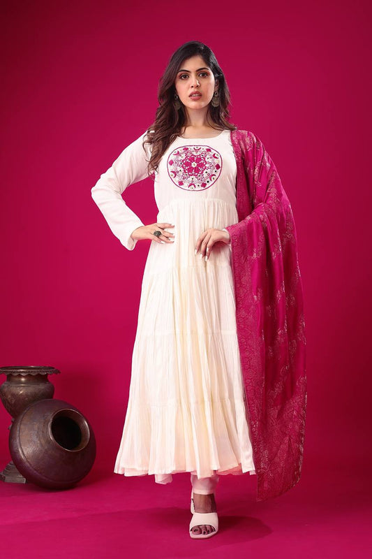 Elegant Off White Roman Silk Gown Set | Festive & Wedding Wear