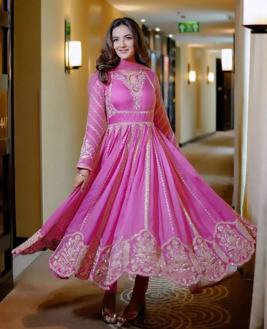 Faux Georgette Embroidered Gown Set with Dupatta – Elegant Festive Wear