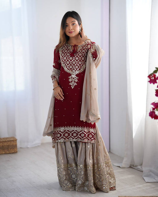 Heavy Maroon Faux Georgette Sharara Suit with 5mm Embroidery Sequence – Fully Stitched Set