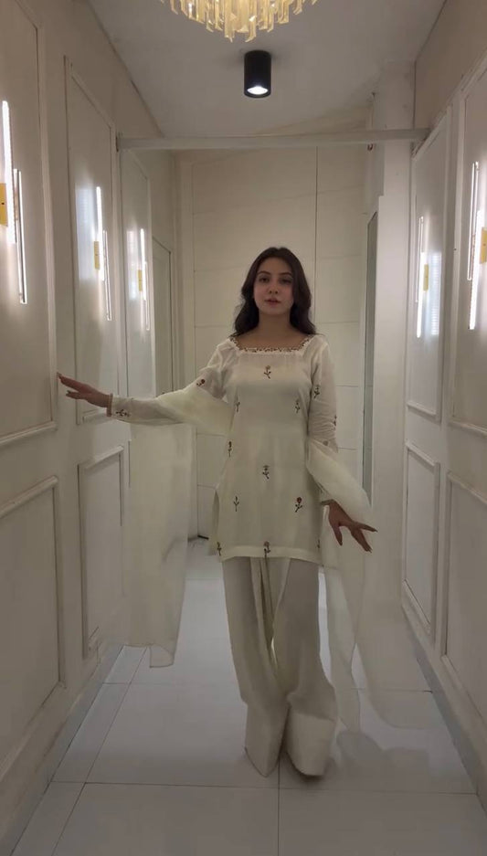White Chinnon Silk Embroidered Top with Farshi Pant and Organza Silk Dupatta