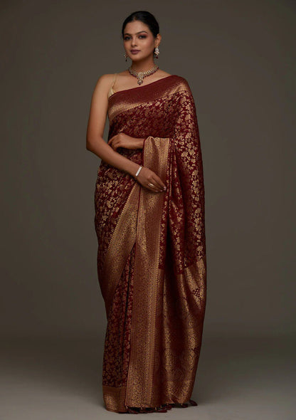 Banarasi Maroon Soft Silk Saree with Jacquard Border Blouse