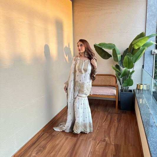 Chinnon Silk Embroidered White Sharara Suit with Dupatta