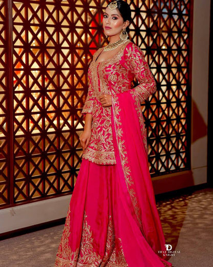 Elegant Heavy Rani Pink Chinon Silk Sharara Suit with Embroidery & Printed Dupatta