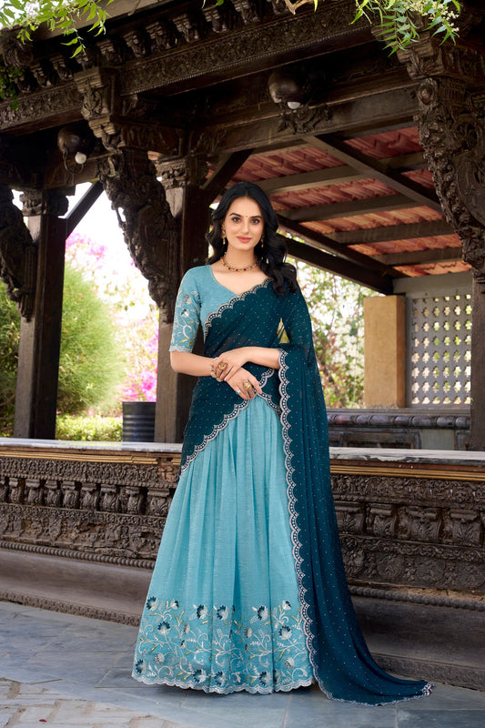 Silver Glosy Embroidered Sky Blue Lehenga Set with Hotfix Rangoli Silk Dupatta
