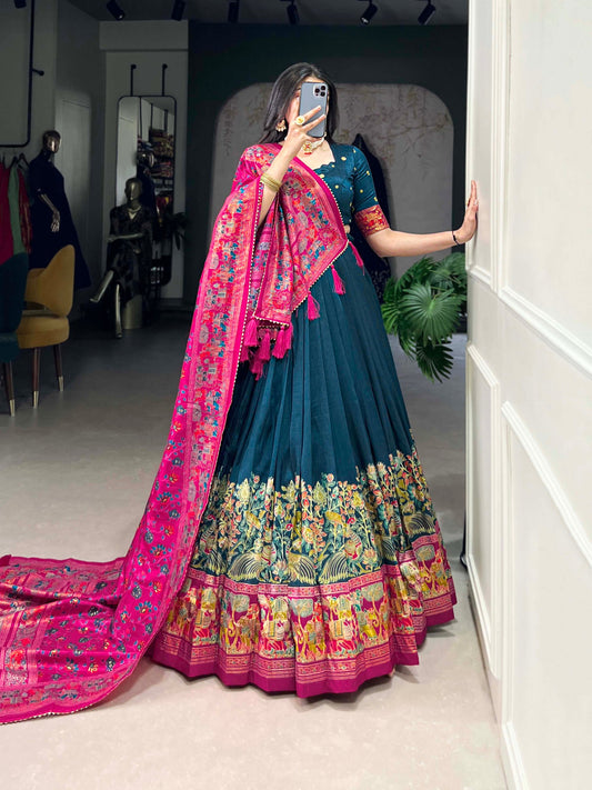 Peacock Blue Tussar Silk Lehenga Set with Printed Foil Work and Gotta Patti Dupatta