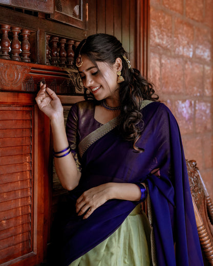 Kanchipuram Zari Weaving Lehenga Set with Georgette Lace Border Dupatta