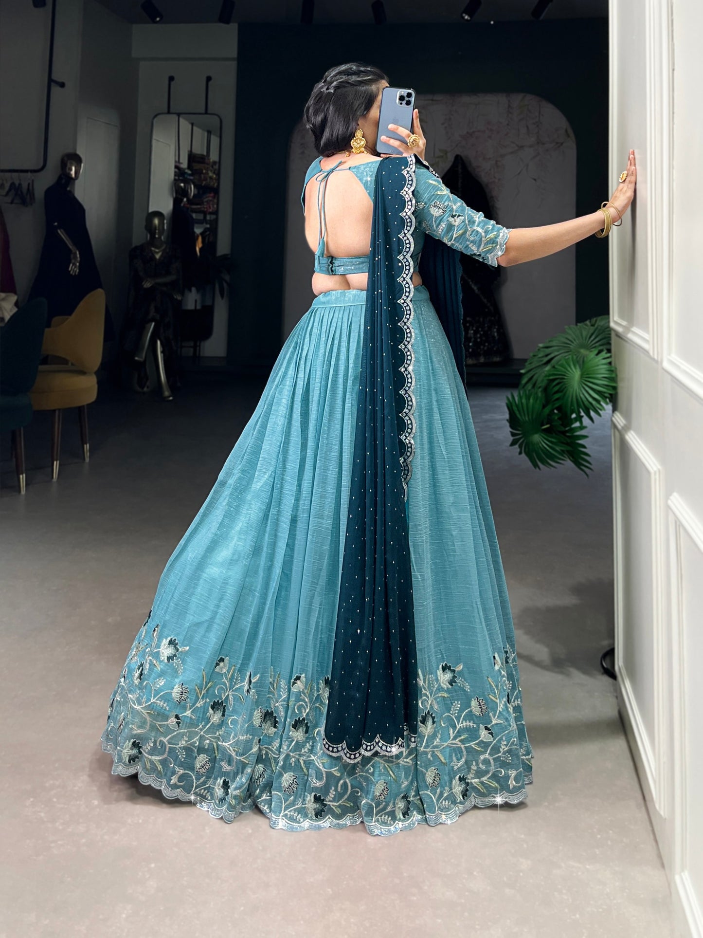 Silver Glosy Embroidered Sky Blue Lehenga Set with Hotfix Rangoli Silk Dupatta