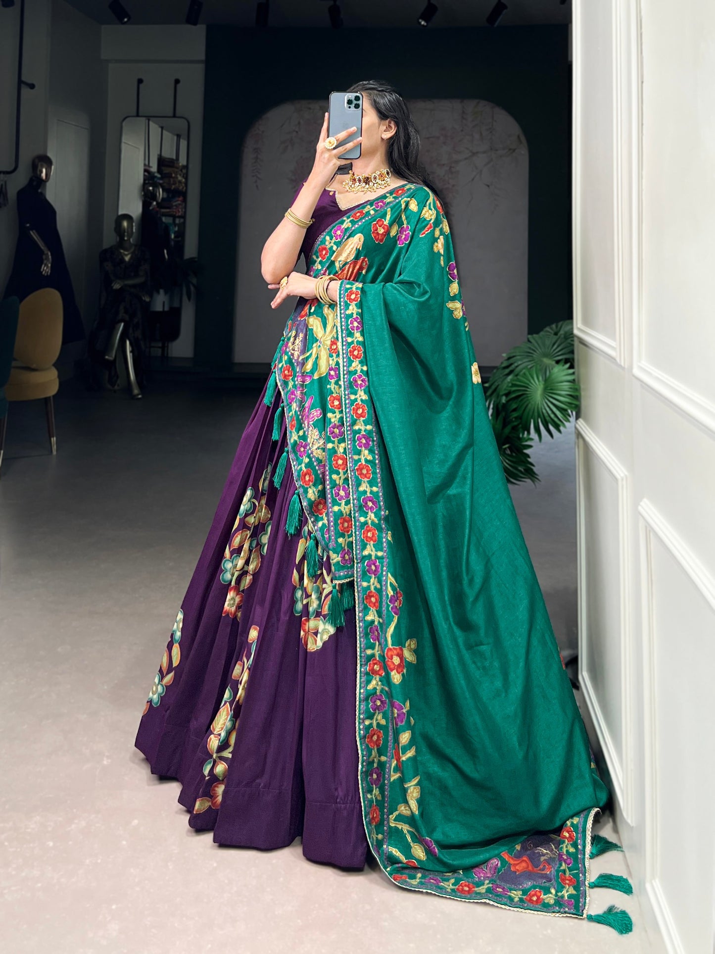 Purple Tussar Silk Printed Lehenga Set with Foil Work and Gotta Patti Dupatta