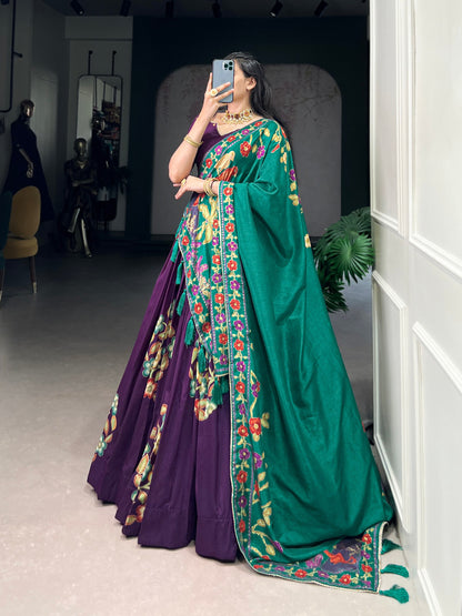 Purple Tussar Silk Printed Lehenga Set with Foil Work and Gotta Patti Dupatta