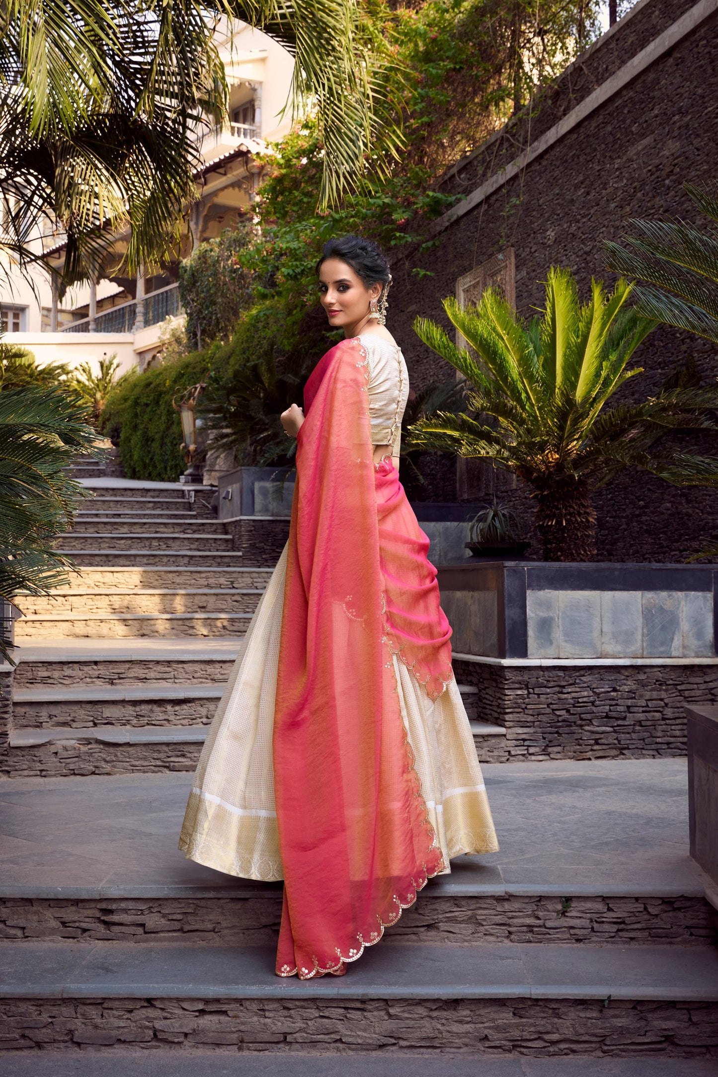 Jacquard Chex Lehenga Set with Zari Weaving and Embroidered Zari Shimmer Dupatta