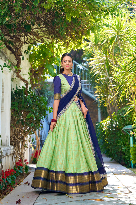 Zari Chex Pista Green Lehenga Set with Stitched Blouse and Embroidered Georgette Dupatta