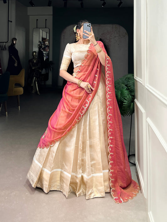 Jacquard Chex Lehenga Set with Zari Weaving Work and Zari Shimmer Dupatta