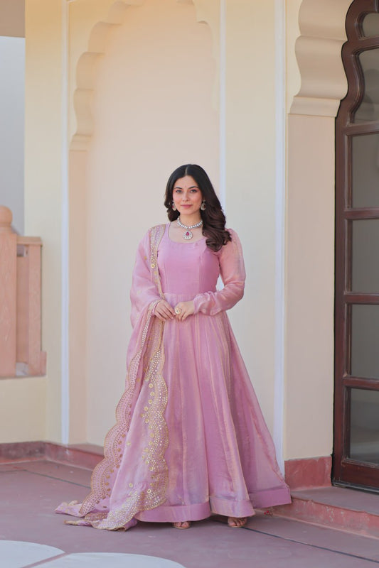 Lavender Fendy Chiffon 12-Kali Anarkali Gown with Embroidered Cut-Work Dupatta