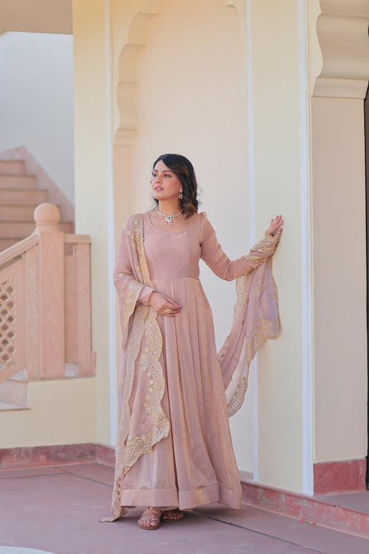 Peach Fendy Chiffon 12-Kali Anarkali Gown with Embroidered Cut-Work Dupatta