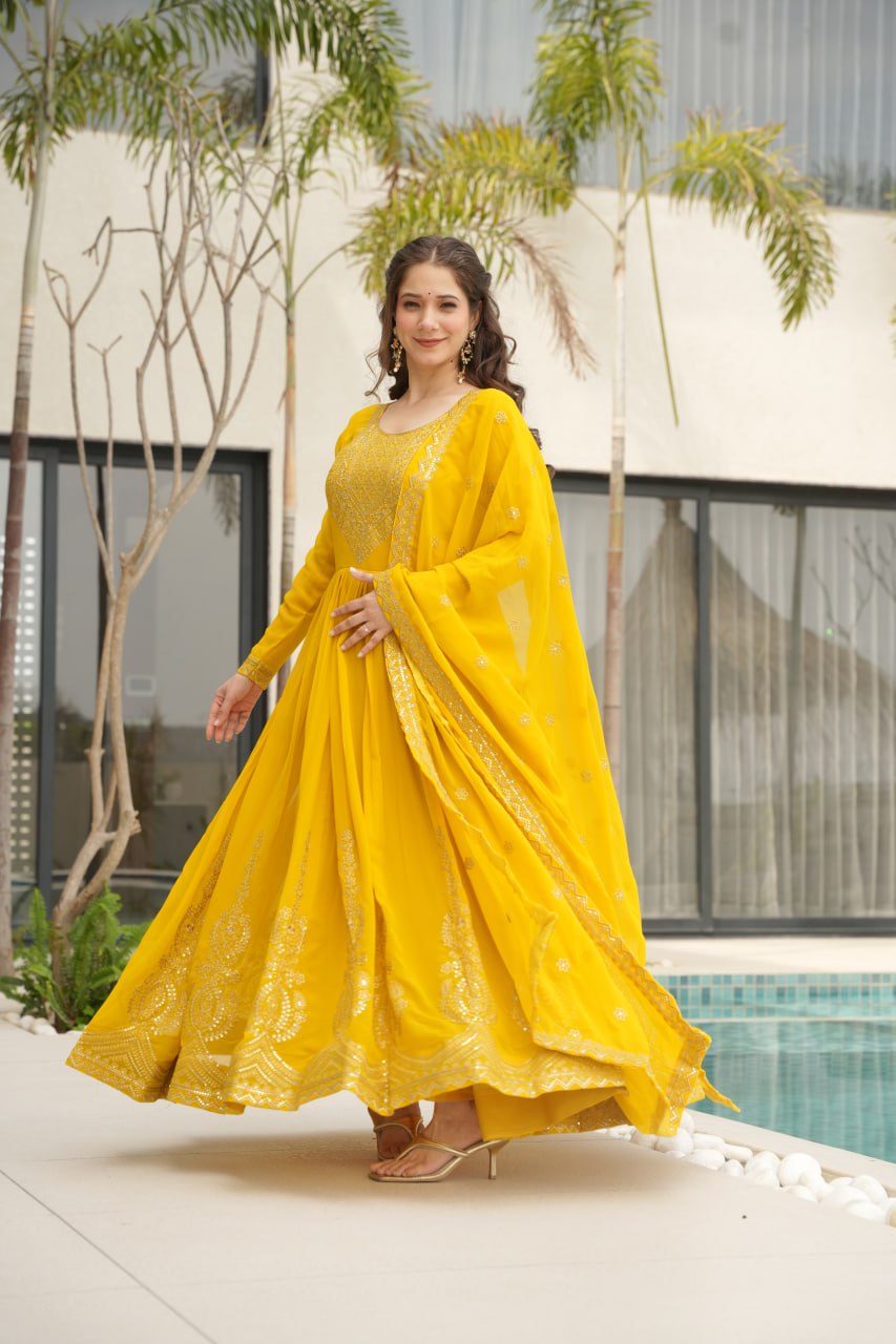 Yellow Fendy Chiffon 12-Kali Anarkali Gown with Embroidered Cut-Work Dupatta