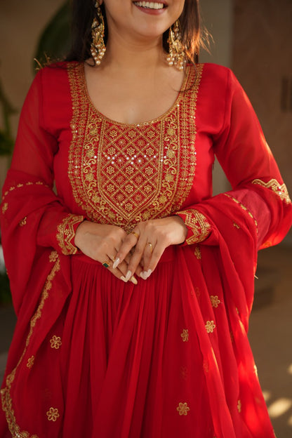Red Fendy Chiffon 12-Kali Anarkali Gown with Embroidered Cut-Work Dupatta