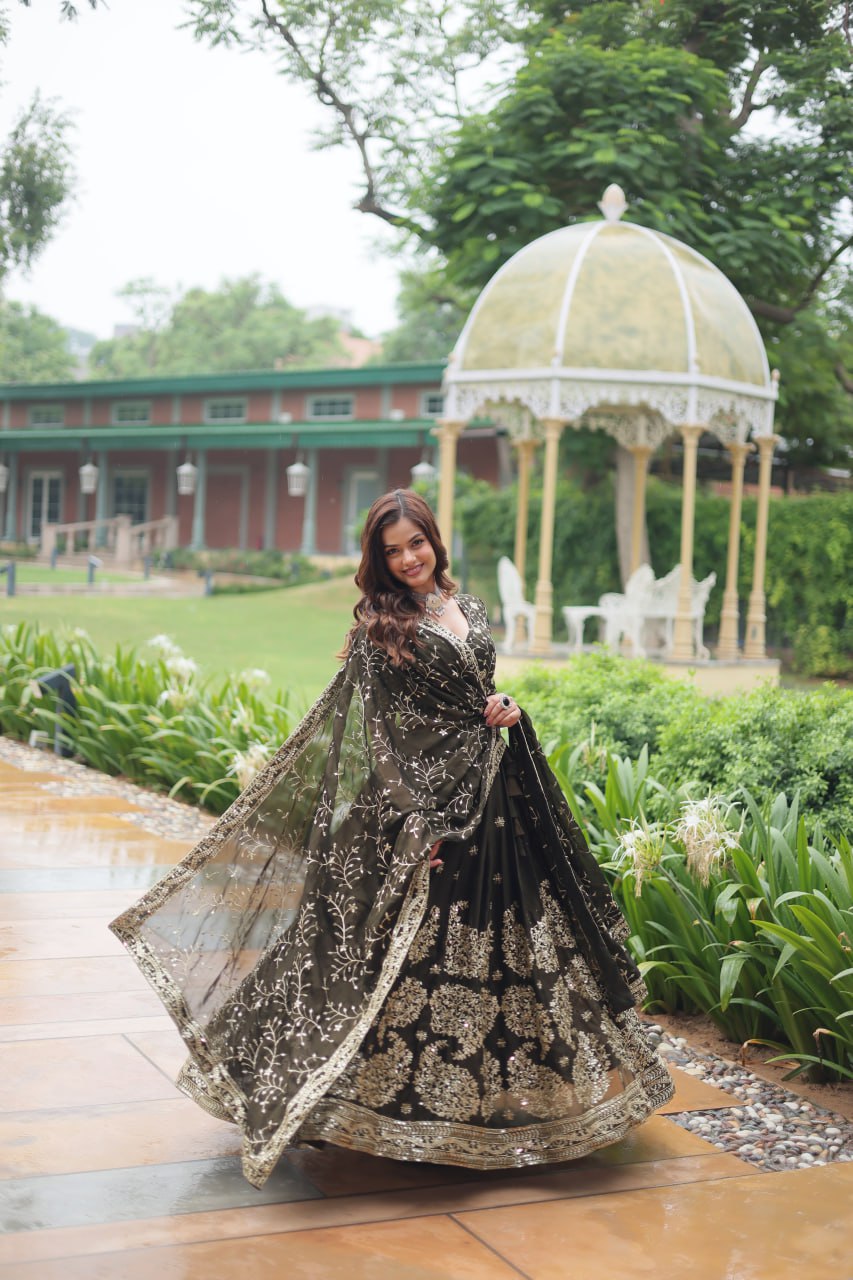 Green Rangoli Silk Embroidered Lehenga Set By Stylish Ethnic