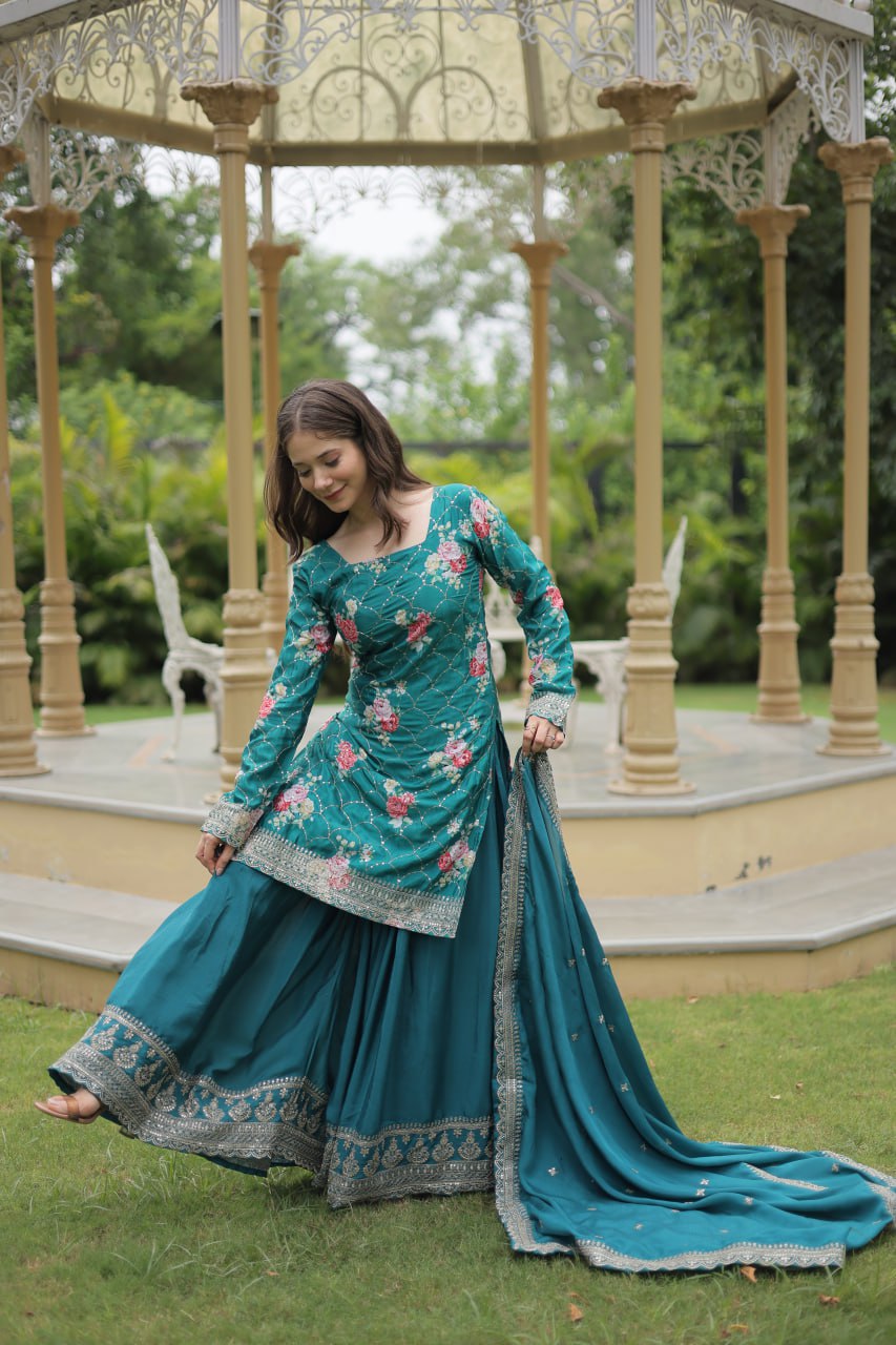 Firozi Blue Color Chinnon Printed Plazzo Suit By Stylish Ethnic