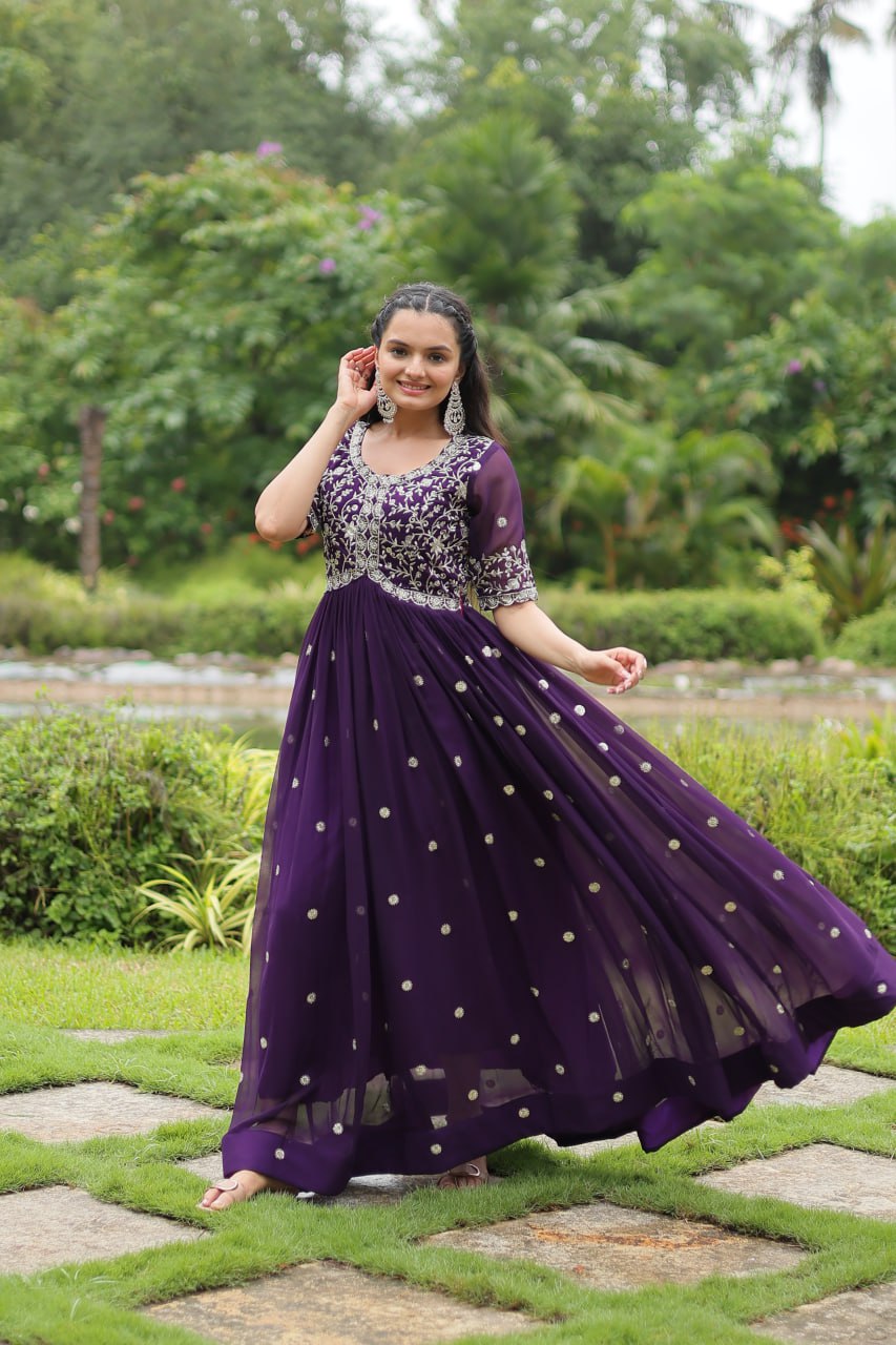 Purple Embroidered Faux Blooming Gown By Stylish Ethnic