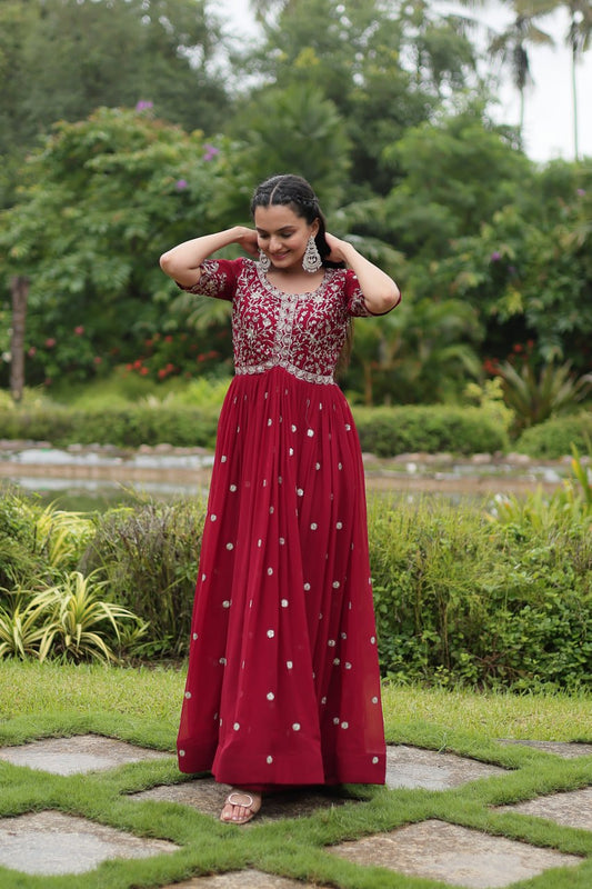 Maroon Embroidered Faux Blooming Gown By Stylish Ethnic