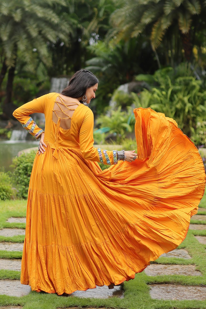 Mustard Color Reyon Gamthi Style Navratri Gown By Stylish Ethnic