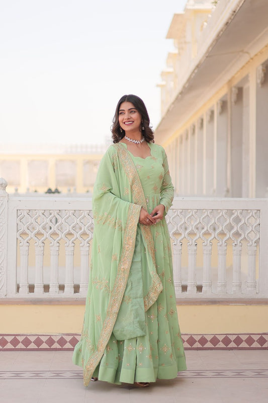 Faux Georgette Pista Green Gown with Zari & Sequin Embroidered Dupatta By Stylish Ethnic