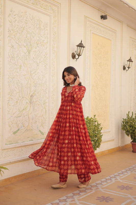 Red Faux Georgette Foil Print Readymade Top with Pant Set By Stylish Ethnic