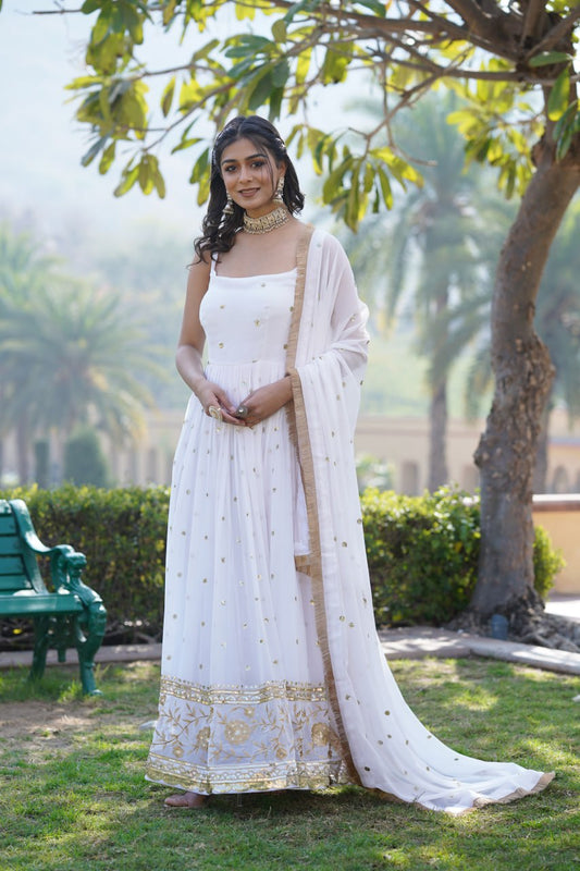 Luxury White Embroidered Sequin Gown with Designer Dupatta By Stylish Ethnic
