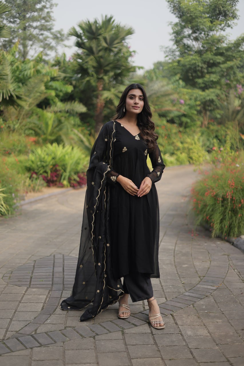 Black Nayra Cut Anarkali Suit with Embroidery Work