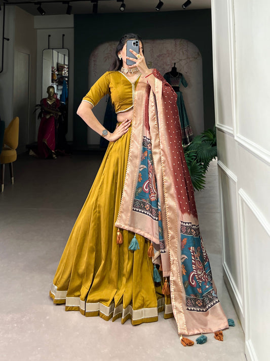 Stunning Mustard Yellow Cotton Plain Lehenga Choli With Dupatta