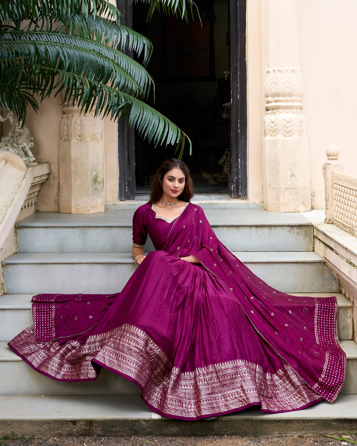 Grace and Beauty Pure Chanderi Sequin Embellished Wine Lehenga Choli