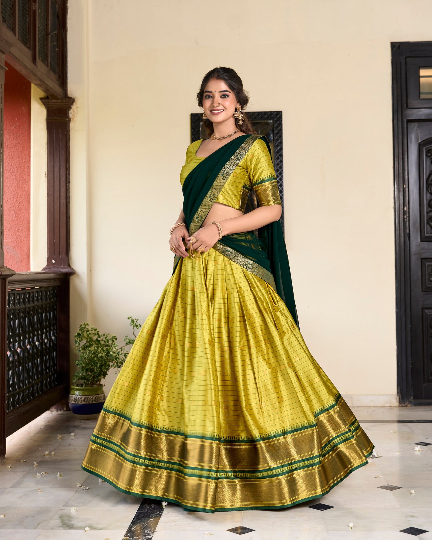 Parrot Colour Pattu Lehenga Choli  For Pongal