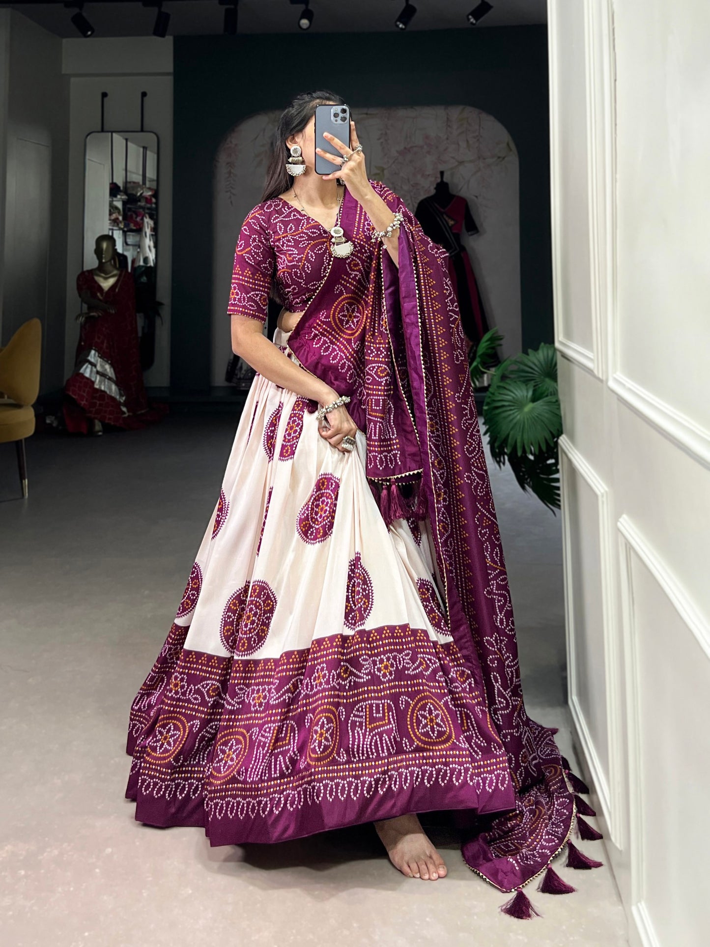 Striking Wine Color Bandhani Printed Tussar Silk Event Wear Lehenga Choli