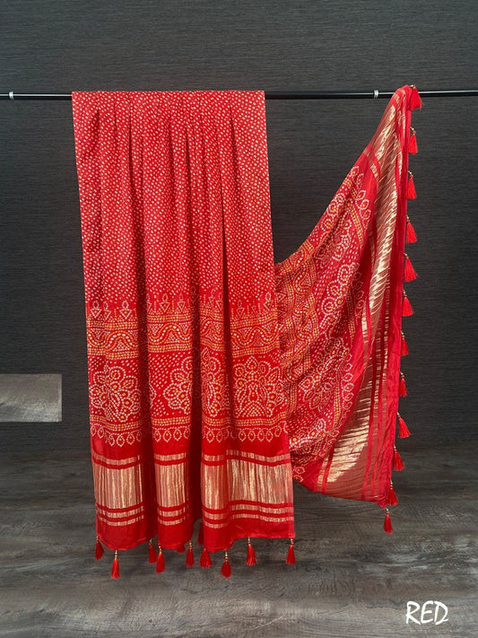 Pure Gaji Silk Bandhni Print Red Colour Dupatta with Tassels