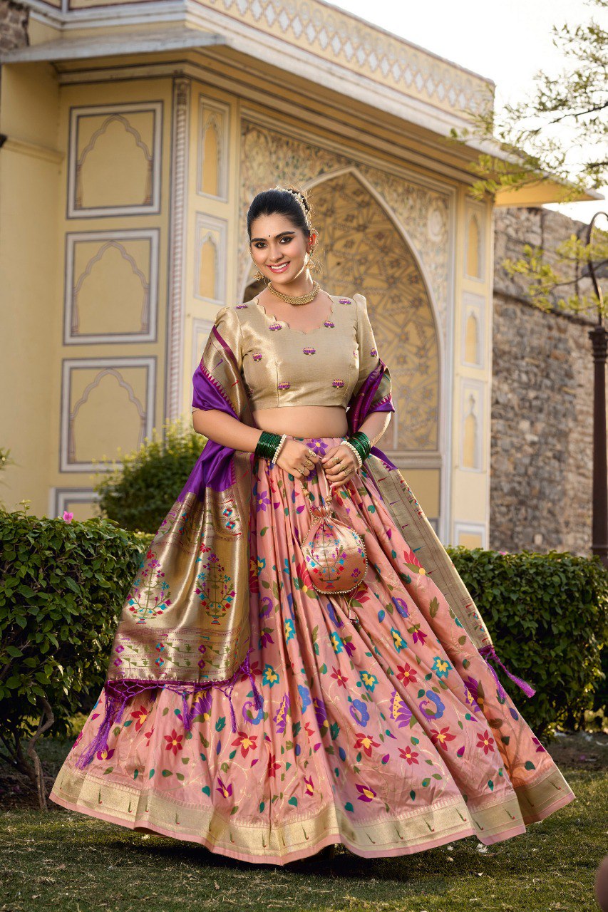 Peach Zari Woven Jacquard Silk Lehenga Set With Purse