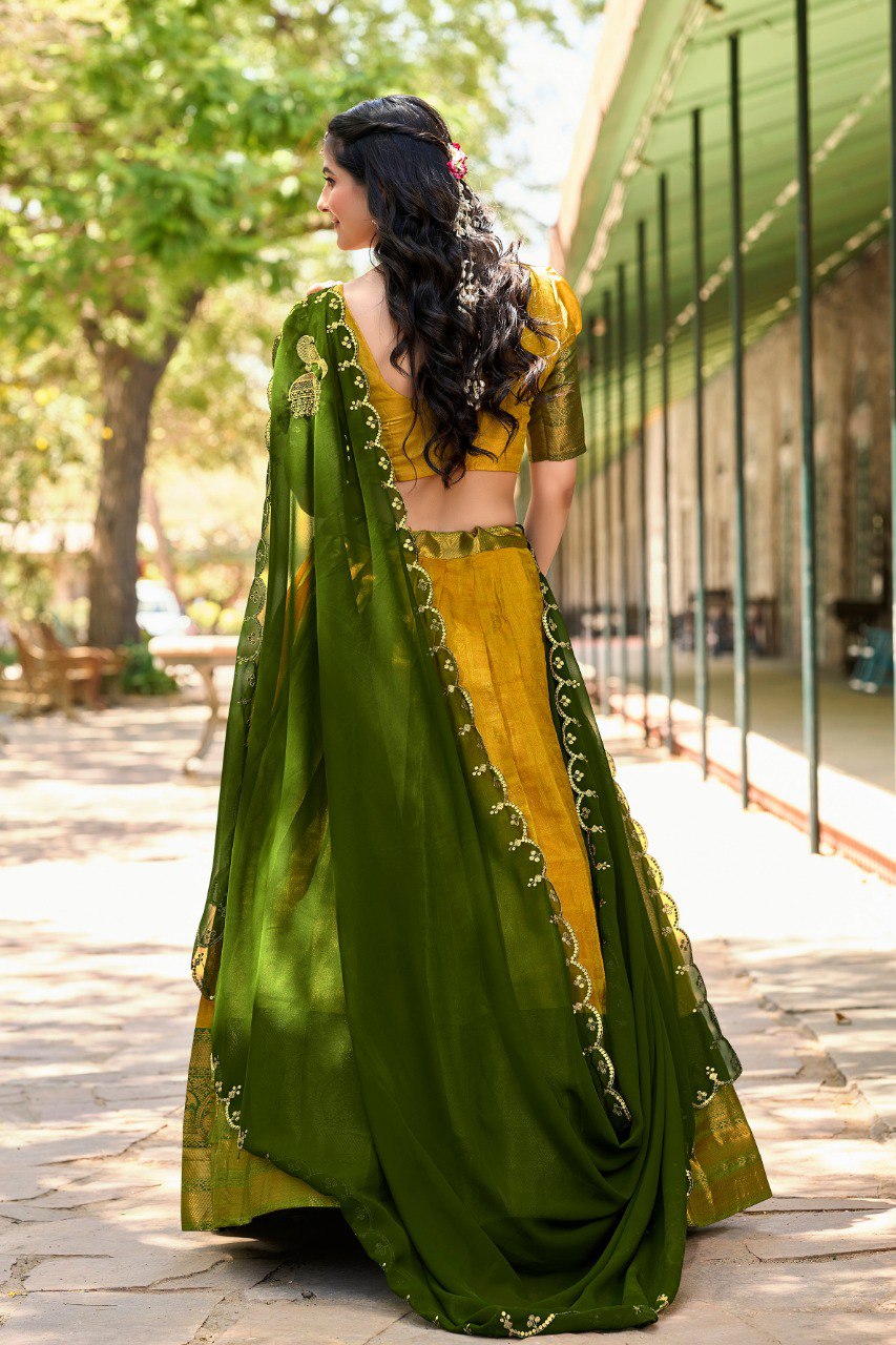 Lovely Yellow Zari Woven Kanchipuram Silk Traditional Half Saree Lehenga