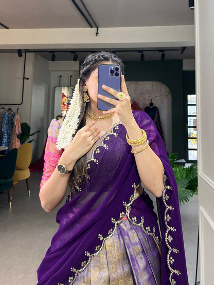 Kanjivaram Silk Blue Lehenga Choli With Flowing Dupatta