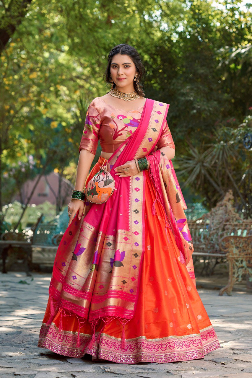 Orange Color Jacquard Silk Paithani Lehenga With Zari Work Lehenga Choli Set